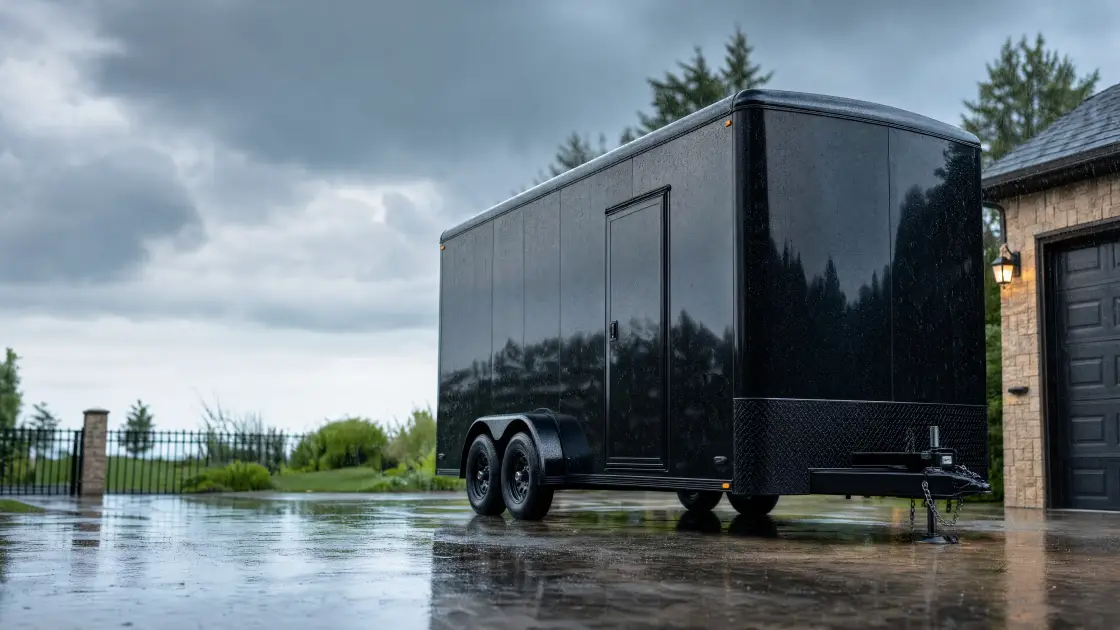 Enclosed cargo trailer parked on wet pavement
